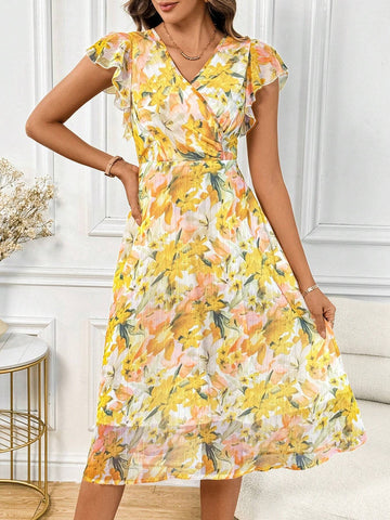 Women's Floral Print V-Neck Cap Sleeve Elegant Vacation Bridgerton Style Dress