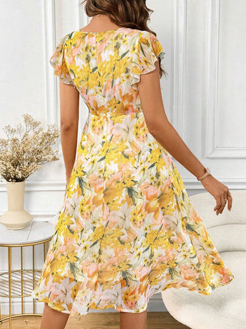 Women's Floral Print V-Neck Cap Sleeve Elegant Vacation Bridgerton Style Dress