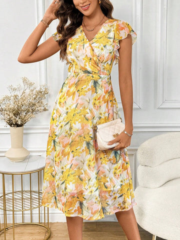 Women's Floral Print V-Neck Cap Sleeve Elegant Vacation Bridgerton Style Dress