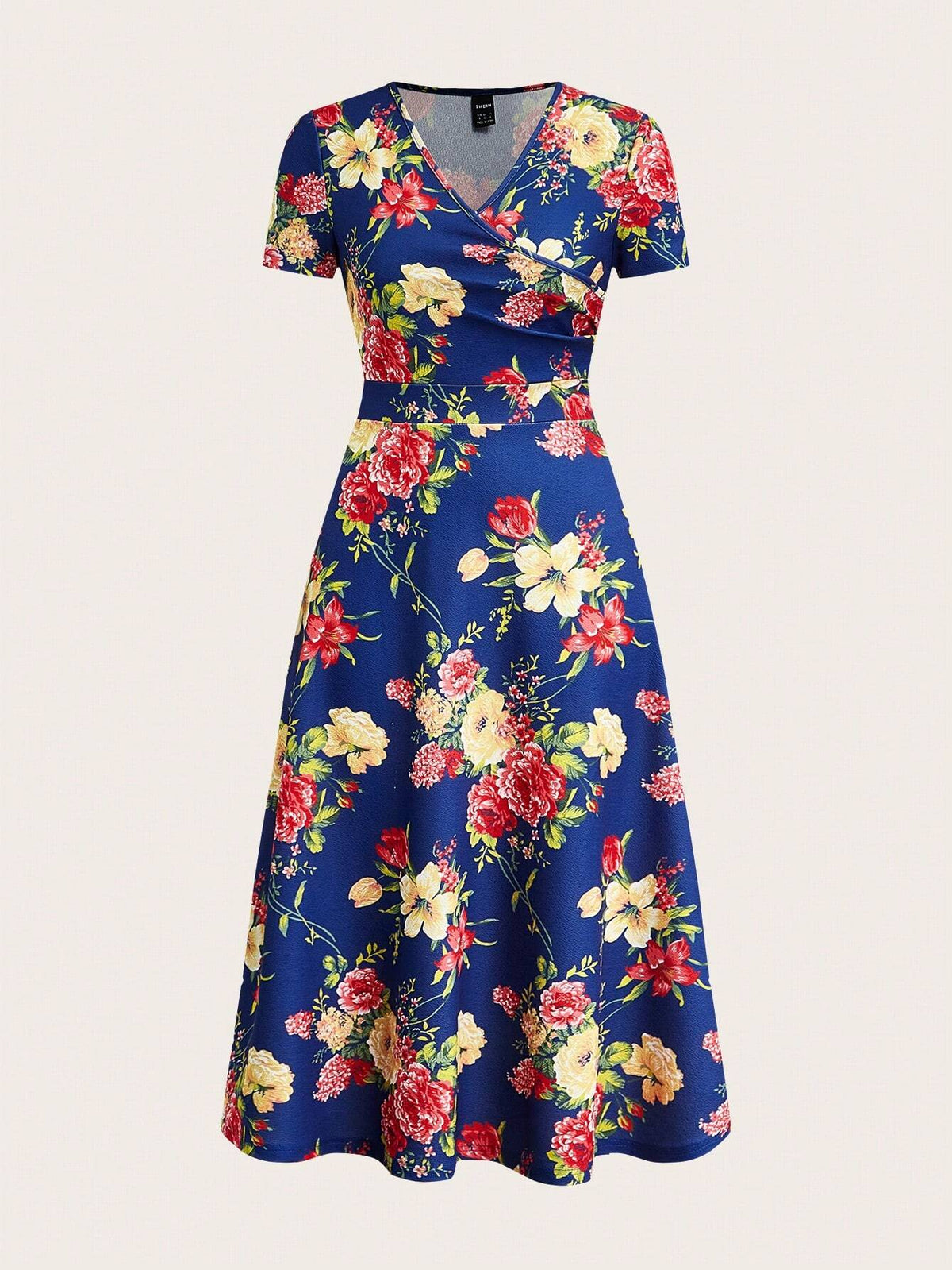 Women's Floral Print V-Neck Short Sleeve Spring Long Dress