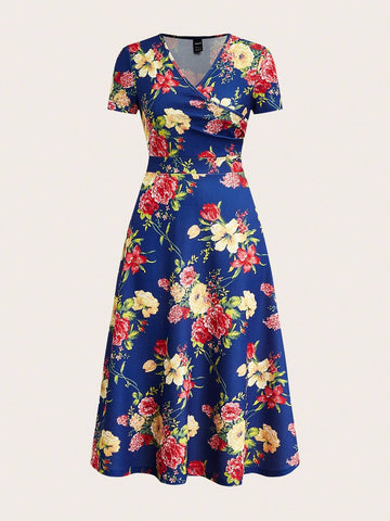 Women's Floral Print V-Neck Short Sleeve Spring Long Dress