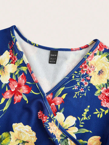 Women's Floral Print V-Neck Short Sleeve Spring Long Dress