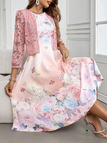 Women's Floral Printed Dress And Lace Jacket 2pcs/Set