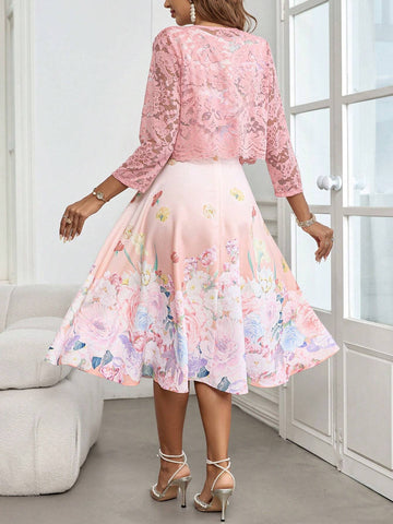 Women's Floral Printed Dress And Lace Jacket 2pcs/Set