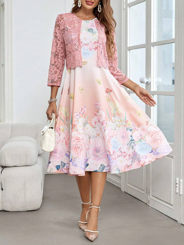 Women's Floral Printed Dress And Lace Jacket 2pcs/Set