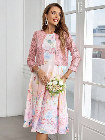 Women's Floral Printed Dress And Lace Jacket 2pcs/Set