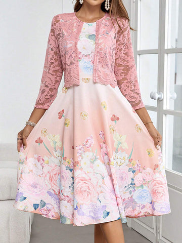 Women's Floral Printed Dress And Lace Jacket 2pcs/Set