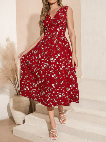 Women's Floral Printed Sleeveless Dress With Pockets