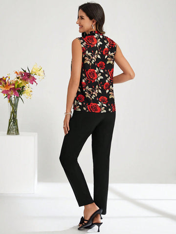 Women's Floral Printed Sleeveless Top And Pants Set