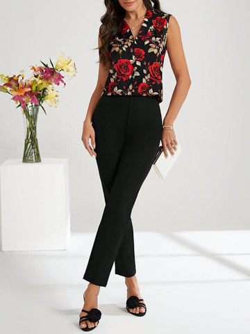 Women's Floral Printed Sleeveless Top And Pants Set
