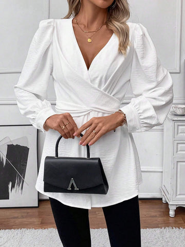 Clasi Women's French Style V-Neck Asymmetrical Cross Twist Tie Puff Sleeve Blouse