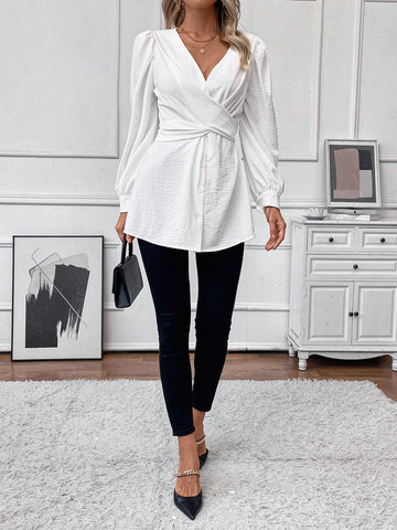 Clasi Women's French Style V-Neck Asymmetrical Cross Twist Tie Puff Sleeve Blouse