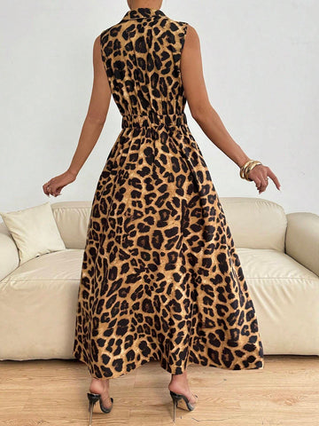 Women's Front Button Collared Sleeveless Leopard Print Pocket Casual Dress