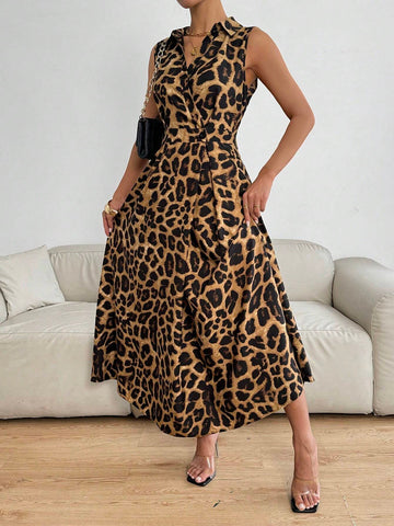 Women's Front Button Collared Sleeveless Leopard Print Pocket Casual Dress