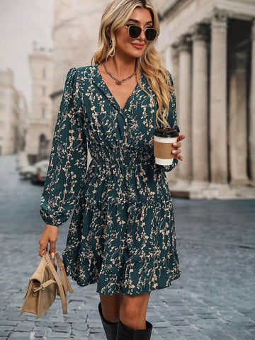 Women's Full Print Long Sleeve Ruffle Hem Dress, Autumn