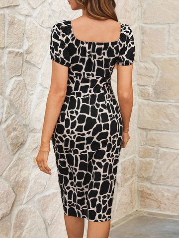 Women's Full Printed Puff Sleeve High Slit Dress