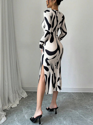 Women's Geometric Print Round Neck Long Sleeve Waist Tie Maxi Elegant Dress, Spring/Summer