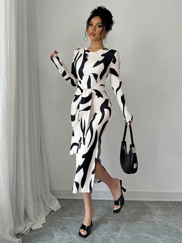Women's Geometric Print Round Neck Long Sleeve Waist Tie Maxi Elegant Dress, Spring/Summer