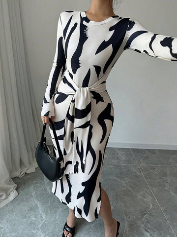 Women's Geometric Print Round Neck Long Sleeve Waist Tie Maxi Elegant Dress, Spring/Summer