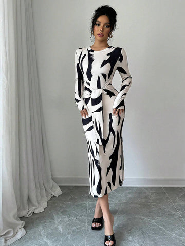 Women's Geometric Print Round Neck Long Sleeve Waist Tie Maxi Elegant Dress, Spring/Summer