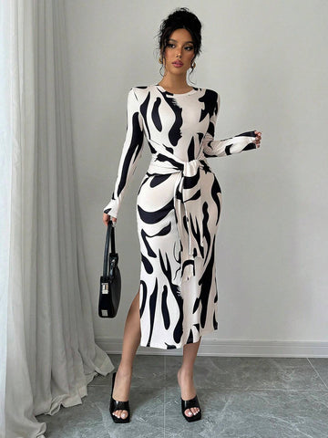 Women's Geometric Print Round Neck Long Sleeve Waist Tie Maxi Elegant Dress, Spring/Summer