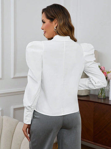 Clasi Women's Gigot Sleeve Collared V-Neck Long Sleeve Blouse, Suitable For Commute And Casual Daily Wear