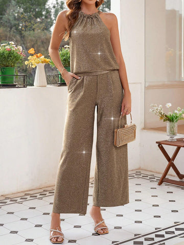 Women's Glitter Halter Neck Top And Wide Leg Pants Two Piece Set For Vacation