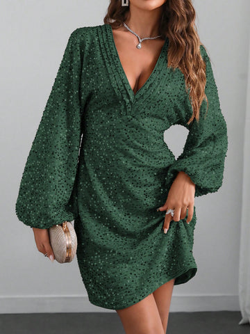 Women's Gold Sequin V-Neck Dropped Shoulder Batwing Long Sleeve Short Party Dress,