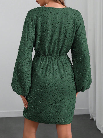 Women's Gold Sequin V-Neck Dropped Shoulder Batwing Long Sleeve Short Party Dress,