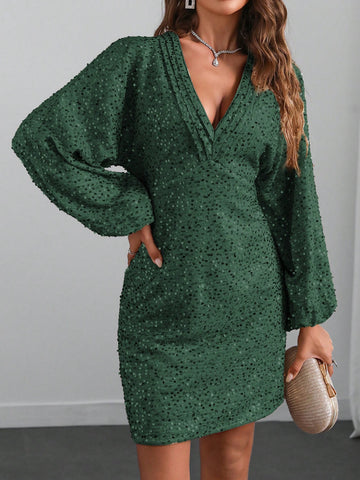 Women's Gold Sequin V-Neck Dropped Shoulder Batwing Long Sleeve Short Party Dress,