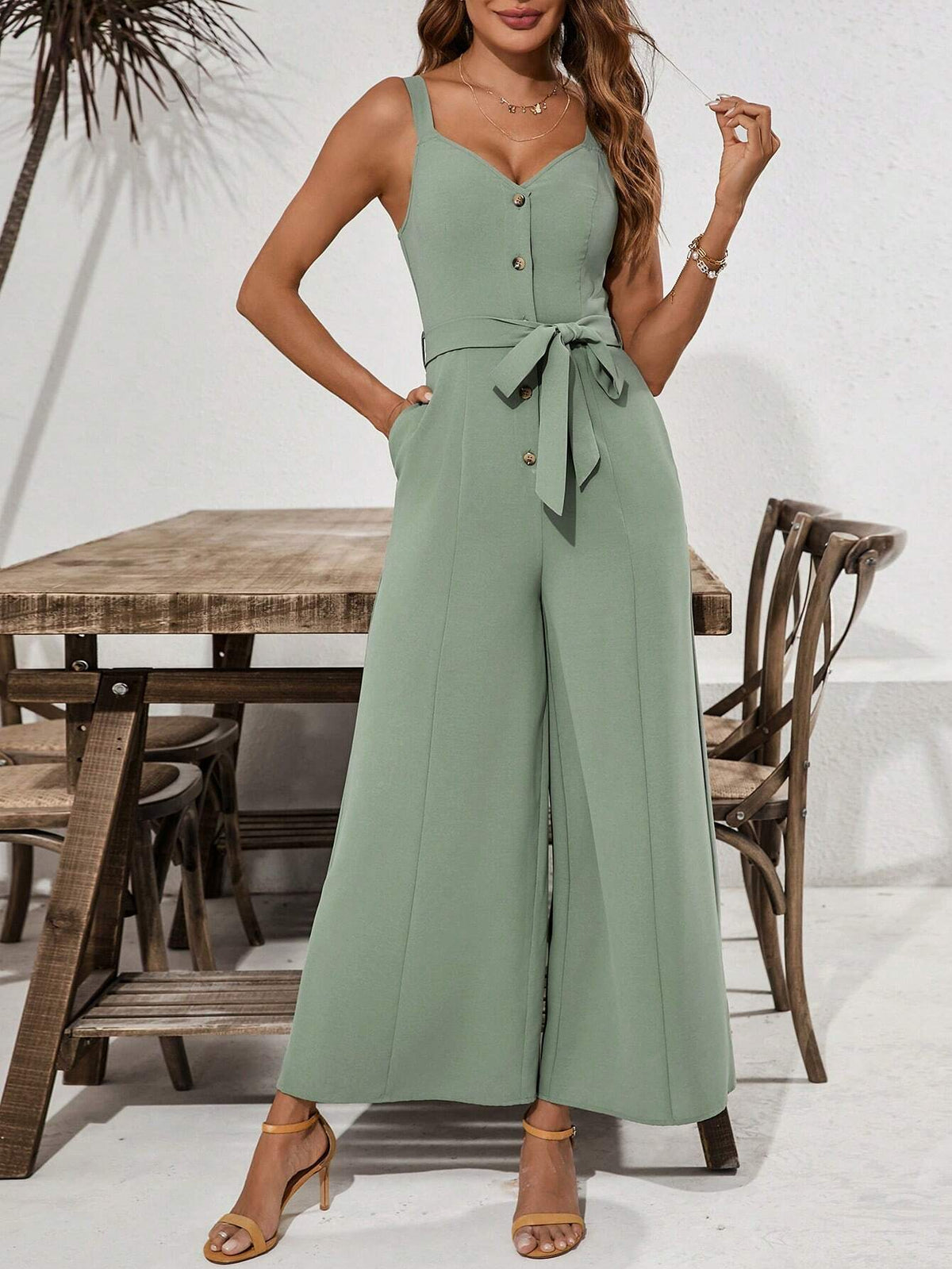 Women's Half Placket V-Neck Jumpsuit With Wide Leg And Floor Length