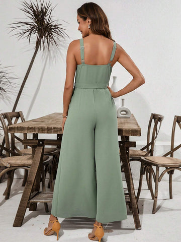 Women's Half Placket V-Neck Jumpsuit With Wide Leg And Floor Length