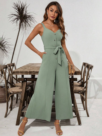 Women's Half Placket V-Neck Jumpsuit With Wide Leg And Floor Length