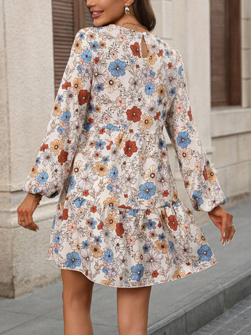 Women's Holiday Floral Print Round Neck Lantern Sleeve Loose Fit Smock Dress