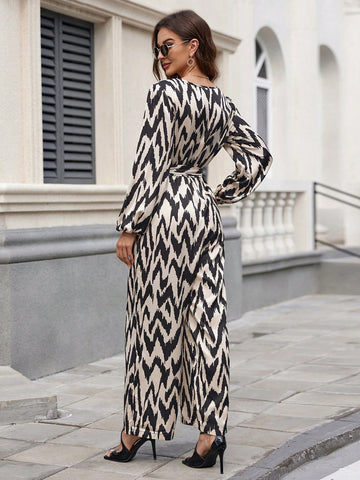 Women's Houndstooth Pattern Printed Lantern Sleeves Jumpsuit With Belt