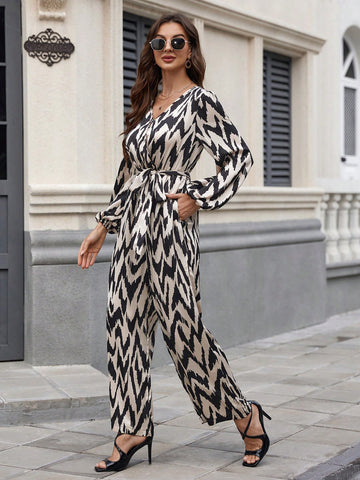 Women's Houndstooth Pattern Printed Lantern Sleeves Jumpsuit With Belt
