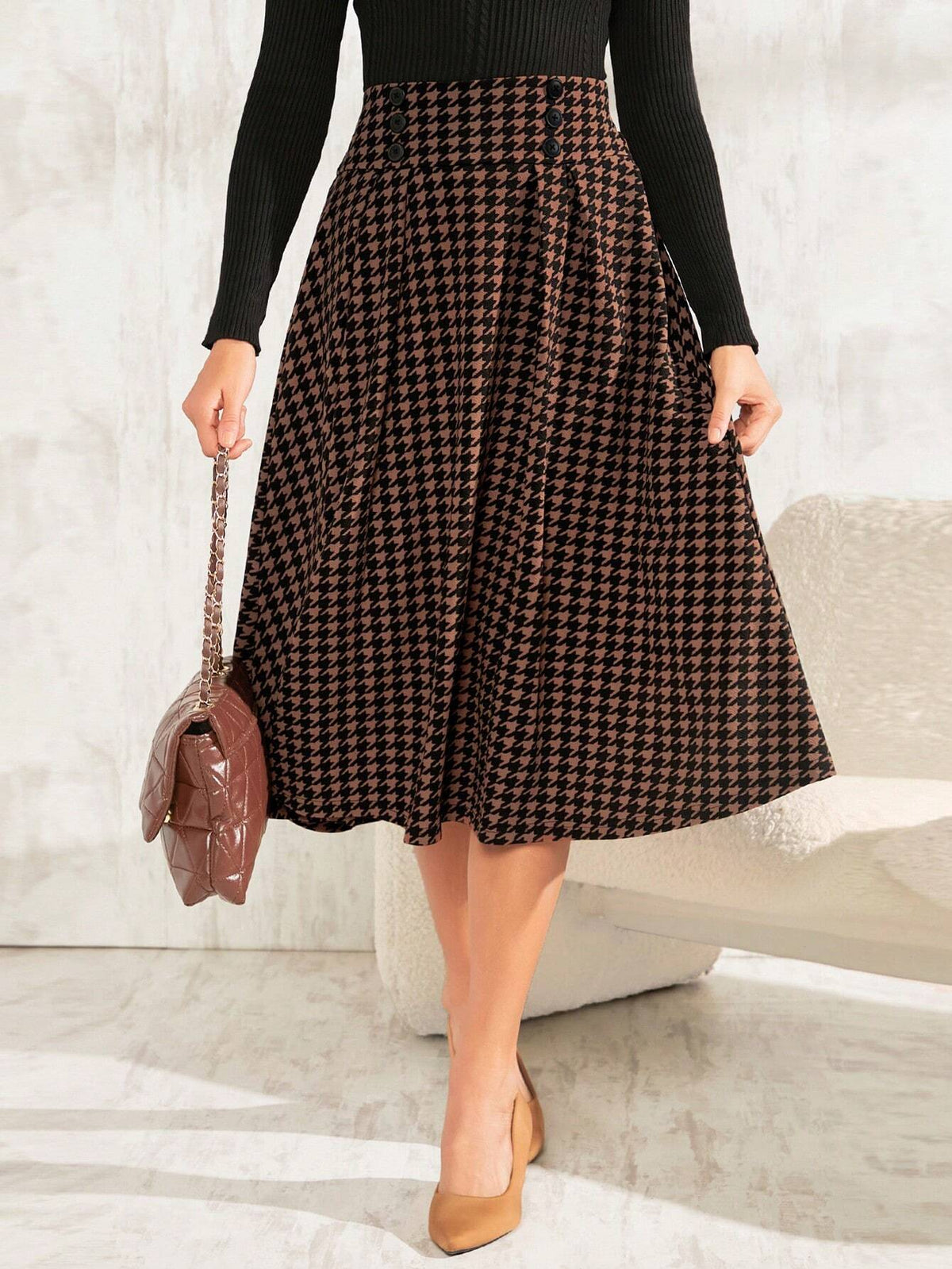 Clasi Women's Houndstooth Print Button Detail Fold & Pleat Detail Skirt