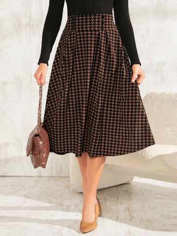Clasi Women's Houndstooth Print Button Detail Fold & Pleat Detail Skirt