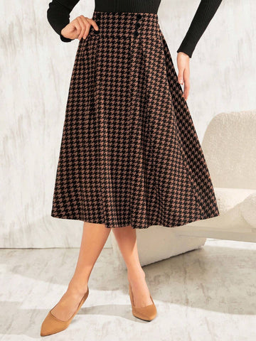 Clasi Women's Houndstooth Print Button Detail Fold & Pleat Detail Skirt