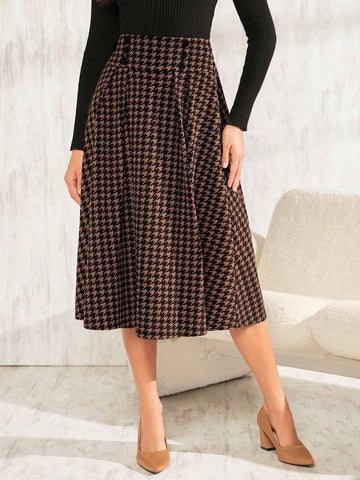 Clasi Women's Houndstooth Print Button Detail Fold & Pleat Detail Skirt