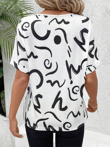 Clasi Women's Irregular Line Printed V-Neck Batwing Short Sleeve Casual Casual T-Shirt, Summer