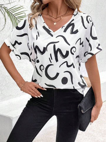 Clasi Women's Irregular Line Printed V-Neck Batwing Short Sleeve Casual Casual T-Shirt, Summer