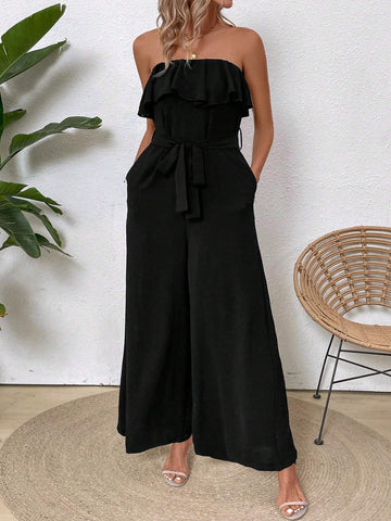 Women's Jumpsuit With Pleats And Flower Embellishment, One Shoulder And Pocket Design