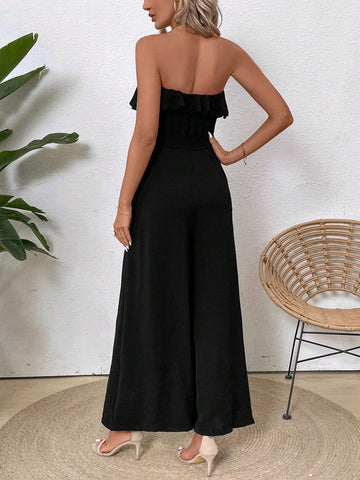 Women's Jumpsuit With Pleats And Flower Embellishment, One Shoulder And Pocket Design