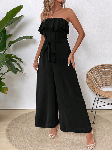 Women's Jumpsuit With Pleats And Flower Embellishment, One Shoulder And Pocket Design