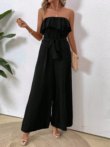 Women's Jumpsuit With Pleats And Flower Embellishment, One Shoulder And Pocket Design