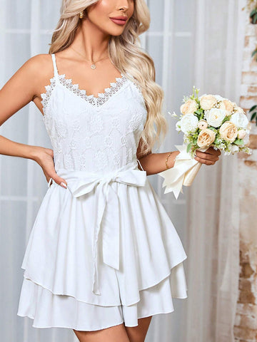 Women's Lace Patchwork Spaghetti Strap Romper Romper T Shirt