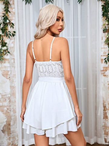 Women's Lace Patchwork Spaghetti Strap Romper Romper T Shirt