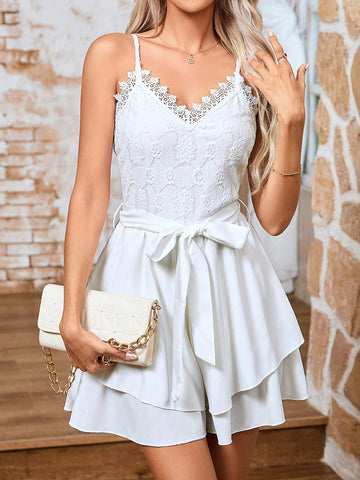 Women's Lace Patchwork Spaghetti Strap Romper Romper T Shirt
