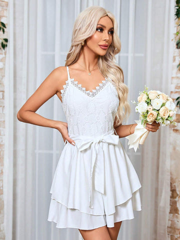 Women's Lace Patchwork Spaghetti Strap Romper Romper T Shirt